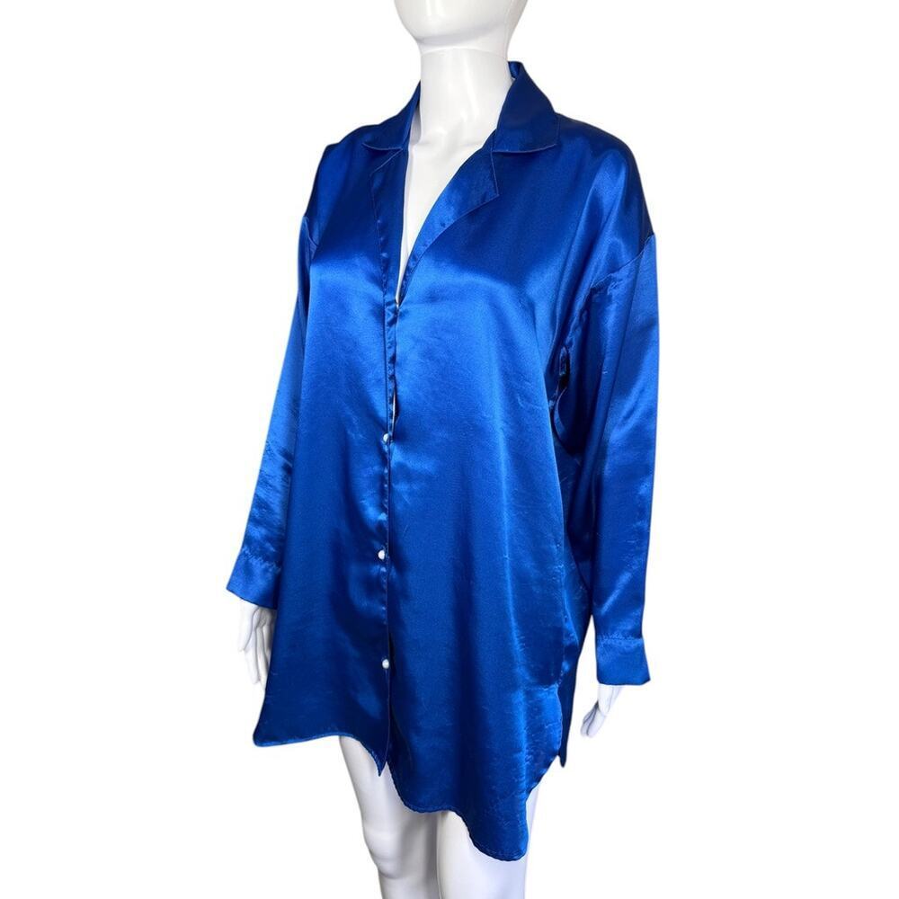 Vintage Gold Label Victoria's Secret Satin Royal Blue Lg Sleeve Nightgown Small - Picture 2 of 8